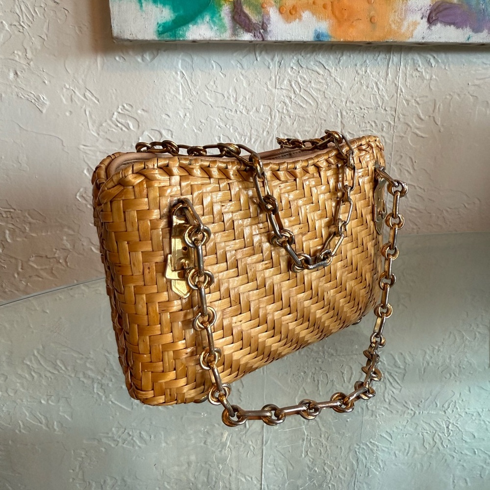 Sacha Vintage 60s Bag Natural Coated Wicker Straw Small Top Chain Handles Purse